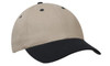 A beige cap with a navy blue peak and buttons, featuring a logo on the front.