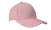 A pink cap with a curved brim and an adjustable strap at the back, featuring a logo.
