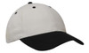A cap featuring a white top and a black peak, with black stitching and an adjustable strap.