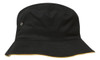 A black bucket hat with a yellow trim and a logo on the side.