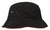 A black bucket hat with a red trim and a small logo on the side.