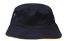 A navy blue brushed sports twill bucket hat featuring a yellow trim and a small logo detail.
