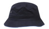 A navy blue bucket hat made from brushed sports twill, featuring a small logo.