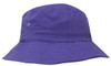 A purple brushed sports twill bucket hat with a wide brim and a logo on the side.