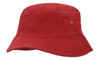 A red bucket hat with a wide brim and small metal vents on the sides. It features a logo on the front.