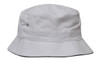 A white bucket hat with a branded logo, featuring a broad brim and a classic design.