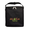 A black cooler bag with a zippered top and a front pocket, featuring a logo with palm trees and text.