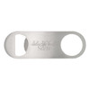 A stainless steel bottle opener with a rounded end and a circular cut-out, featuring a logo.