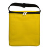 A yellow zippered tote bag with a black strap and a front pocket. It has a simple, solid design.