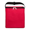 A red insulated bag with a zip closure and a front pocket, featuring a black strap on top.