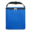 A blue cooler bag with a black zipper and handle, featuring a front pocket and a sturdy design.