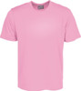 A plain pink unisex micromesh T-shirt with a round neckline and short sleeves, featuring a logo.