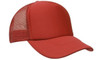 A red trucker mesh cap featuring a solid front and mesh back, with an adjustable strap and a logo.