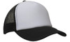A black and white truckers mesh cap featuring a solid front panel and a mesh back, with a curved brim.