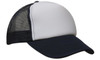 A truckers mesh cap featuring a white front and navy blue brim with a mesh back. It includes a logo.