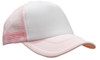 A pink and white truckers mesh cap with a structured front and mesh back, featuring a logo.