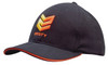 A navy blue cap with orange sandwich trim and embroidered branding on the front.