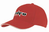A red cap with a sandwich trim and a logo on the front.