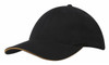 A black cap with a contrasting sandwich trim and a curved peak, featuring a logo on the front.
