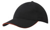 A black cap with a contrasting orange trim and a rounded visor, featuring a logo on the front.