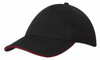 A black cap with a red sandwich trim and a structured visor, featuring a logo on the front.