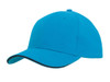 A turquoise cap with a contrasting trim, featuring a curved brim and ventilation holes. It has a logo.