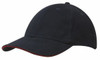 A navy cap with a sandwich trim, featuring a red accent along the brim and a logo on the front.
