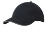 A black cap with a sandwich trim, featuring stitching details and a curved brim. It has a logo on the side.