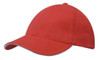 A red cap featuring a sandwich trim and a logo. The cap has a curved brim and ventilation holes.