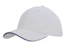 A white cap with a purple sandwich trim, featuring a curved brim and a simple design. It includes a logo.