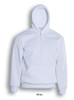 A white unisex adults pull over hoodie with a front pocket and a hood. Features a brand logo.
