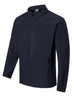 A navy men's softshell jacket with adjustable cuffs and a zippered front. It features side pockets and has a logo.