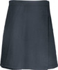 A black school skort with a pleated design, featuring a simple cut and stitching details. It has a branding logo.