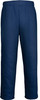 Navy blue track pants featuring double knee design, with an elastic waistband and a logo.
