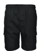 Black kids' cargo shorts featuring side pockets and an elastic waistband. The back view highlights the design and fit.