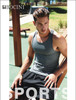 Men's woven running shorts in black, paired with a grey tank top. The model is seated outdoors, showcasing a sporty style.