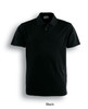 A black men's basic polo shirt with a collar and three buttons, featuring a logo on the chest.