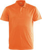 An orange men's basic polo shirt with a collar and three-button placket, featuring a logo on the chest.