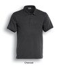 A charcoal grey men's classic polo shirt with a collar and short sleeves, featuring a logo.