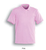 A pink men's classic polo shirt with a collar and short sleeves, featuring a logo.