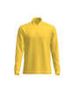A long sleeve polo shirt in bright yellow with a collar and a logo on the chest.