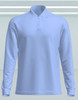 A long sleeve polo shirt in light blue, featuring a collar and buttons, with a subtle logo.