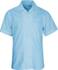A light blue short sleeve school shirt with a single chest pocket and a logo.
