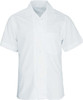 A white short sleeve school shirt featuring a pointed collar and a chest pocket, with a logo on it.