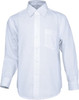 A white long sleeve button-up shirt with a chest pocket and a collar. It features a branding logo.