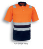 A fluro orange and navy unisex polo shirt with reflective tape and a pocket, featuring a branded logo.
