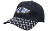 A black cap with a checker plate design on the peak and a logo on the front.