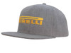 A grey flat peak cap with a yellow logo. The cap features a structured design and a stiff brim.