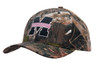 A camouflage 6-panel cap in shades of brown and green, featuring a logo on the front.