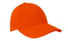 An orange cap with a curved brim and a button on top, featuring a logo on the front.
